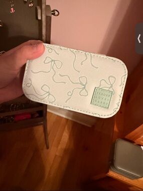 White & Mint Bow Print jewelry travel Pouch